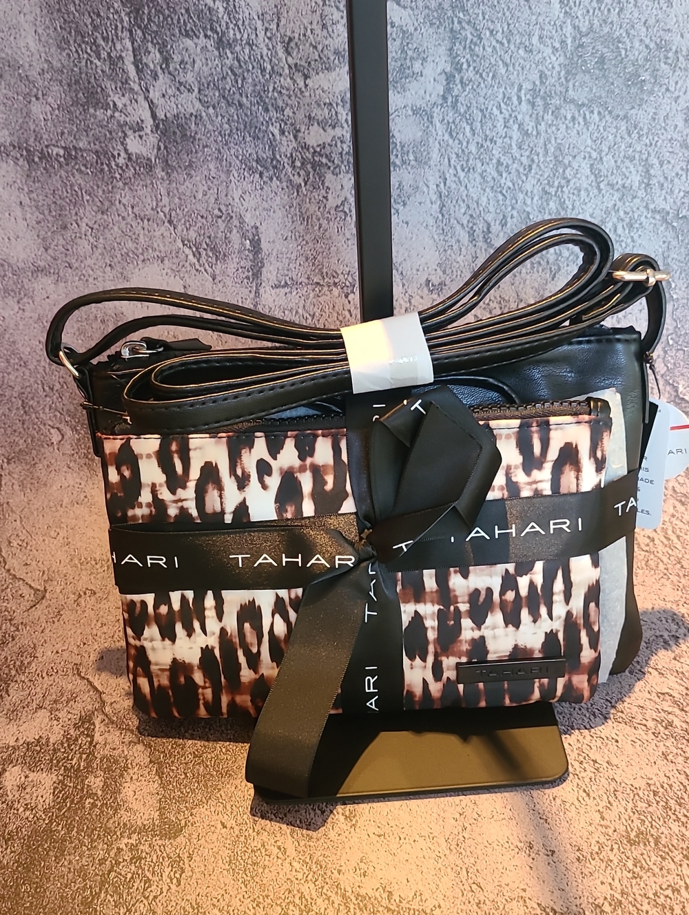 Tahari Leopard-Print Crossbody Bag in Black and Brown